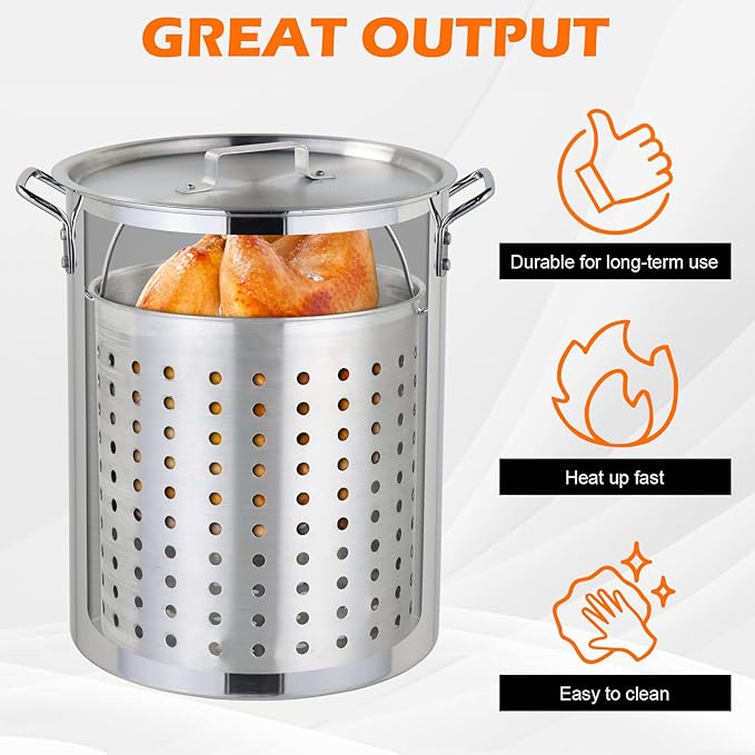 Turkey Deep Fryer 30 Qt, Mordern Outdoor Fryer, Aluminum Crawfish Boiler with Basket and Lid, 55000-Btu Propane Stove, Adjustable Firepower, Portable Seafood Boil Pot for Crab, Lobster, Shrimp, Silver
