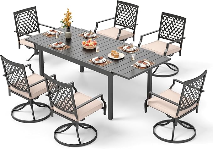 PHI VILLA Patio Dining Set 7 Pcs 1 Extendable Dining Table and 6 Swivel Chairs Support 300 lbs for Outdoor Backyard Bistro Furniture Set with Cushion