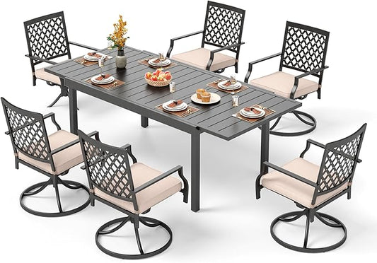 PHI VILLA Patio Dining Set 7 Pcs 1 Extendable Dining Table and 6 Swivel Chairs Support 300 lbs for Outdoor Backyard Bistro Furniture Set with Cushion