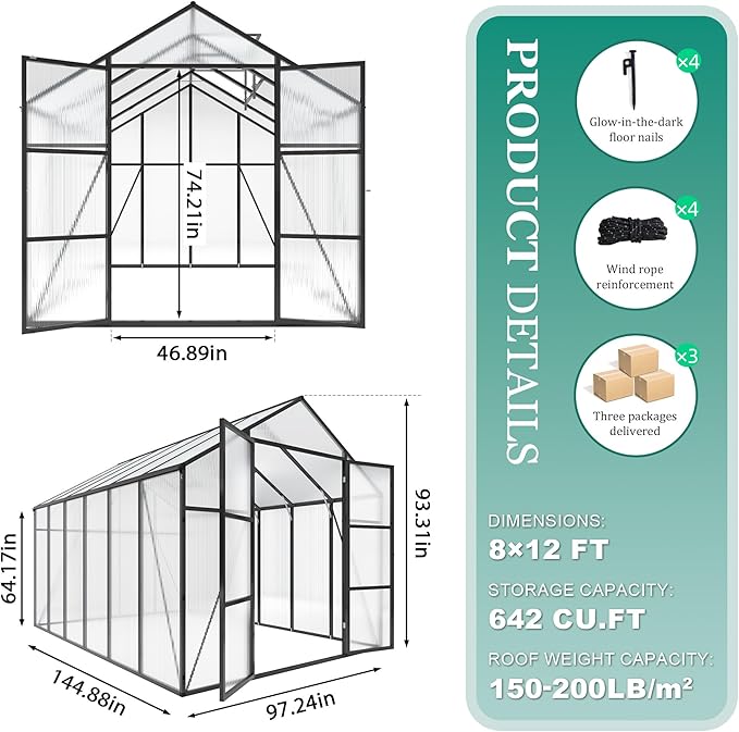 Greenhouse for Outdoors 8x12x7.8FT, Polycarbonate Greenhouse with Stronger Wind Protection and Roof Vent, Walk-in Large Aluminum Sunroom Winter Proof, Black