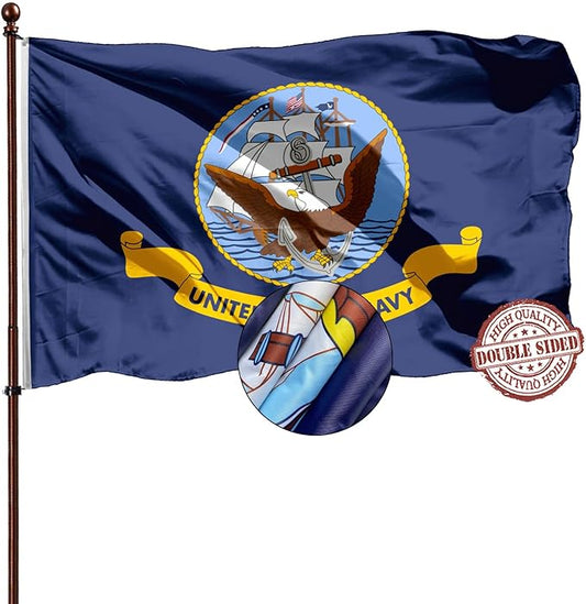 Navy Flag 2x3 Double Sided- Heavy Duty 3 Ply 210D- With Canvas Header & 2 Brass Grommets- Navy Flag 2x3 Outdoor Double Sided Heavy Duty