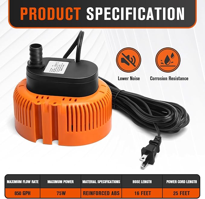 Sump Pump,Pool Cover Pump above Ground,submersible water pump Swimming Water Removal Pumps,for Swimming Pool Basement Garden Pond Tubs Draining,75W,Max Flow:850GPH,3 Adapters,25 Ft Power Cord (Orange)