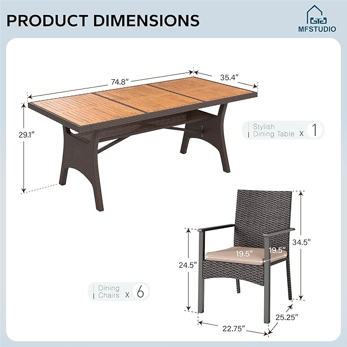 MFSTUDIO Patio Dining Sets for 6, Outdoor Table and Chairs, 74’’ Wood Top Rectangular Table Set with Chairs, 7 Pieces Patio Outdoor Dining Furniture Set, Deck, Backyard, Porch