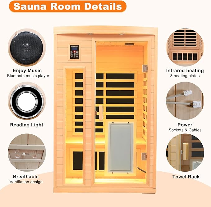 Ceramic Infrared Sauna, 2 Person Infrared Saunas for Home, Hemlock Wood Sauna Room, 2 in 1 Indoor Sauna with Low EMF Heaters 1750W/120V + Ceramic Heating Cubes-Chromotherapy-Bluetooth Speaker