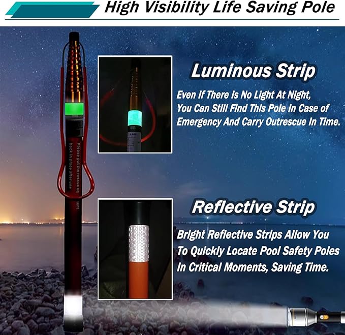 Telescopic Pool Rescue Hook with Pole, 16ft-30ft Adjustable Heavy Duty Pool Pole, Fibreglass Safety Hook Pools, Specialised Emergency Rescue Equipment for Drowning Victims (L:1000cm/33ft)