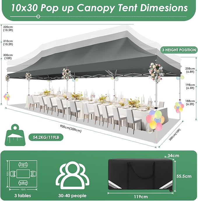 COBIZI 10x30 Pop Up Canopy Party Tents for Parties Waterproof Outdoor Event Shelter with 8 Sidewalls Camping Commercial Wedding Portable Easy to Set up Gazebo Tent for Backyard, Grey
