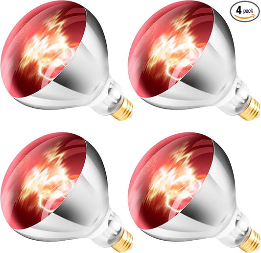 250W R40 Red Heat Lamp Bulbs (4-Pack), Infrared Heat Bulbs, Infrared Therapy Bulbs for Bathroom, Sauna, Pets & Chickens, 2,000 Hour Rated, E26 Base