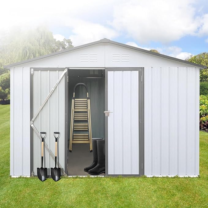 12x10FT Heavy-Duty Metal Storage Shed, Extra-Large Outdoor Shed with Apex Roof, Steel Vents & Hinged Door, Includes Free Padlock for Secure Tool & Equipment Storage (Easy Assembly)