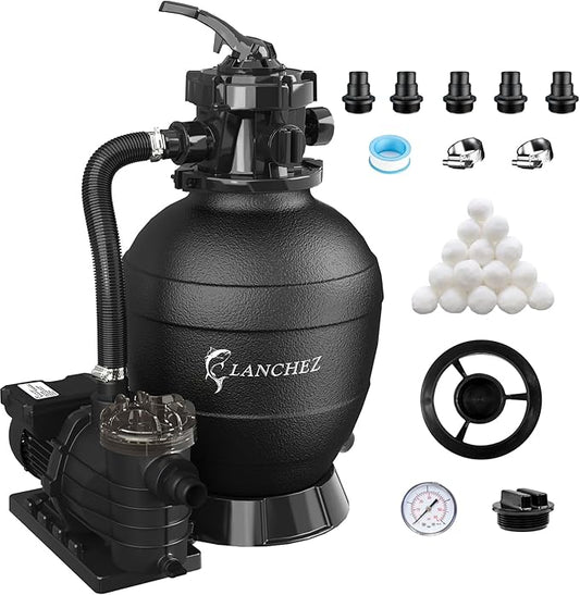 LANCHEZ 13" Sand Filter Pump for Above Ground Pool, 3/4 HP, Max 3500 GPH for Pools Up to 11000GAL, 6-Way Valve Pool Sand Filter System with Strainer Basket, Enhanced Circulation for Crystal-Clear Pool