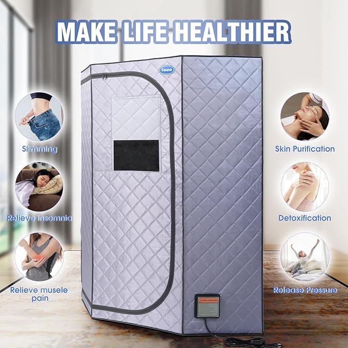 Portable Full Size Infrared Sauna for Home,Pentagonal Size Far Infrared Sauna,One Person Sauna Tent with Heating Foot Pad, Portable Chair, (L38 x W38 x H63, Grey)