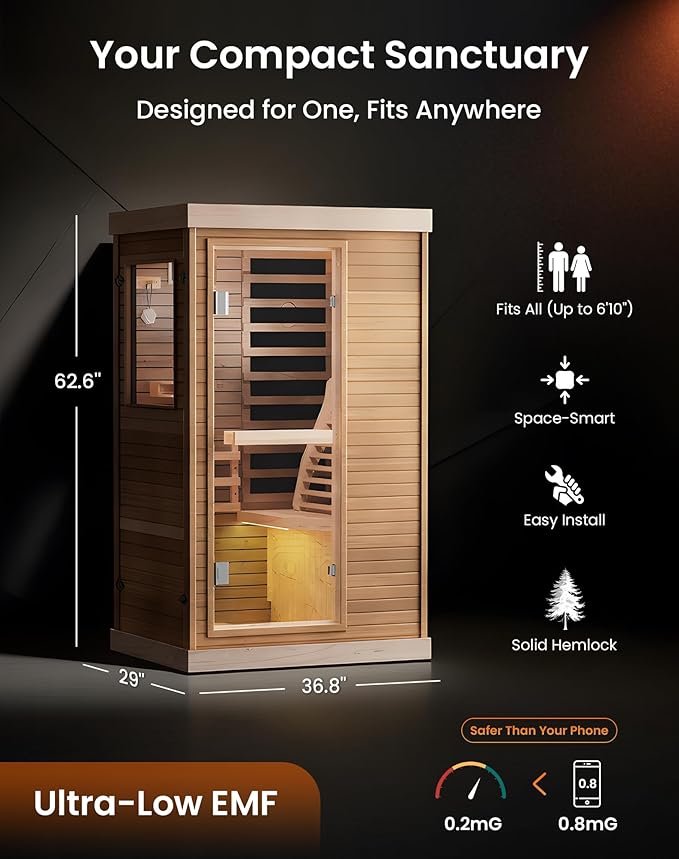 PAETA Infrared Sauna | 1-Person Indoor Dry Sauna with 5 Carbon Heaters | Fast & Even Heating Low EMF | Bluetooth & Chromotherapy for Home Sauna(Wooden)