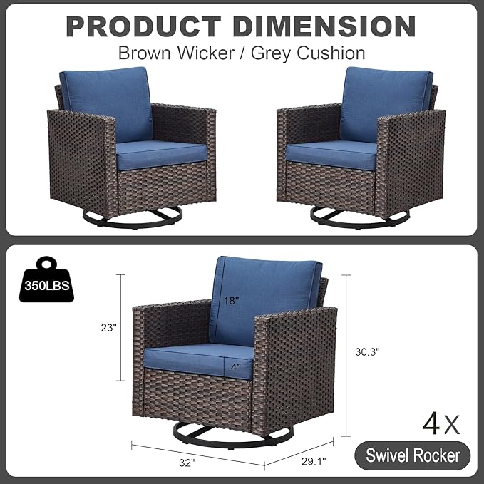 Luxury Outdoor Swivel Patio Chairs Set of 4, Wicker Swivel Outdoor Chairs Set of 4, 4 Piece Patio Furniture Set for Porch, Deck, Sunroom, Yard, Poolside, Brown/Blue