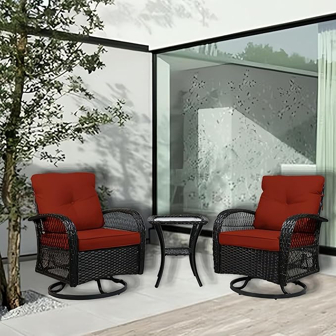 Patio Furniture Set Swivel Rocker, Outdoor Patio Chairs, 3 Piece Suit Porch Furniture Rocking Set, Backyard Rocker Rattan Chair, with Thickened Cushions and Glass Coffee Table(Wine Red)
