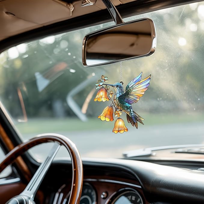 Hummingbird Flower Acrylic Suncatcher Stained Glass Effect Window Car Hanging Christmas Ornament Indoor Outdoor Decor Garden Sun Catcher Panel for Bird Lover for Women Mom Grandma