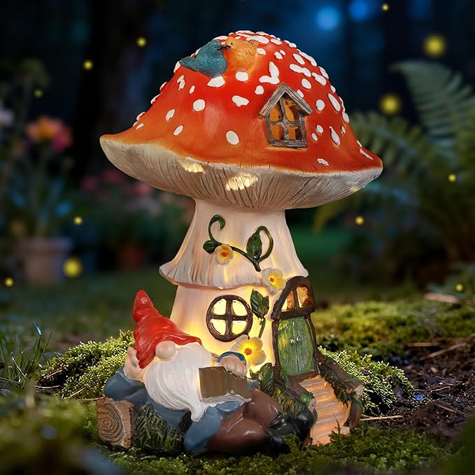 Solar Mushroom Gnome Reading Light, Weatherproof Resin Fairy Garden Figurine Decor Auto On/Off - Book Lover Gift for Pathway & Patio