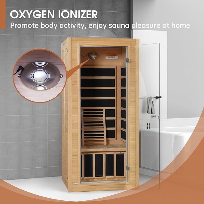 springspa Far Infrared Sauna for Home, Near Zero EMF Wood Home Sauna Room with 1400W, 9 Chromo Therapy Lights, Oxygen Ionizer, Bluetooth, LCD Control Panel for Indoor Use, 1 Person