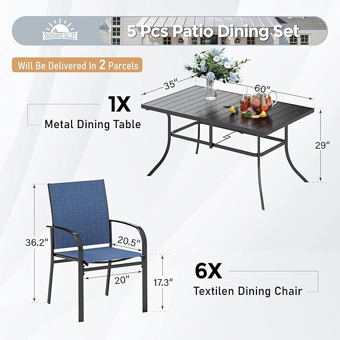 7 PCS Patio Dining Set for 6, Rectangular Metal Dining Table with Umbrella Hole and 6 Chairs, Outdoor Table and Chairs Set for Lawn Garden Backyard and Deck, Blue