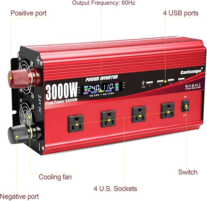 3000W Power Inverter 24V to 110V/120V DC to AC with LCD Display, Remote Controller 4 x AC Outlets and 4 x 3.1A USB Car Adapter for Car Truck Boat RV Solar System