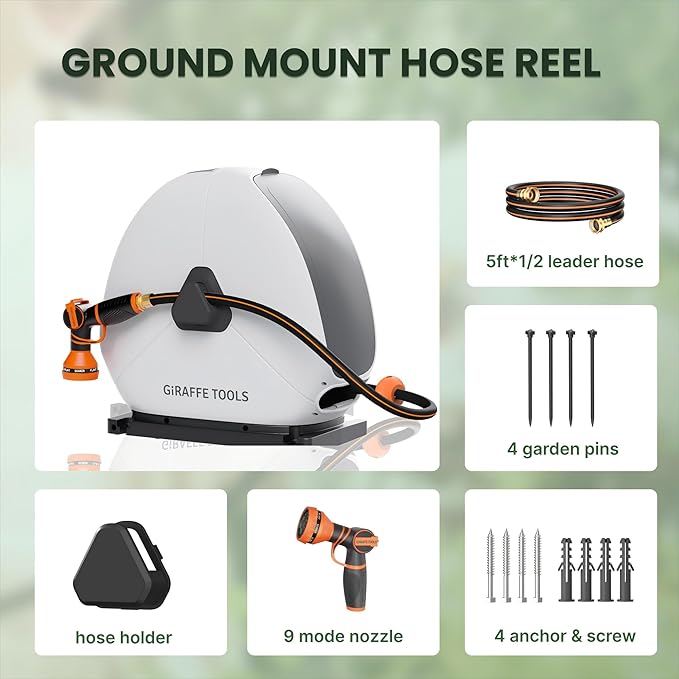 Giraffe Tools Retractable Hose Reel with 1/2 Inch x 100FT, Heavy Duty Ground Mount Garden Hose Reel, Automatic Rewind,with 9-Function Sprayer Nozzle & Flexible Swivel Base
