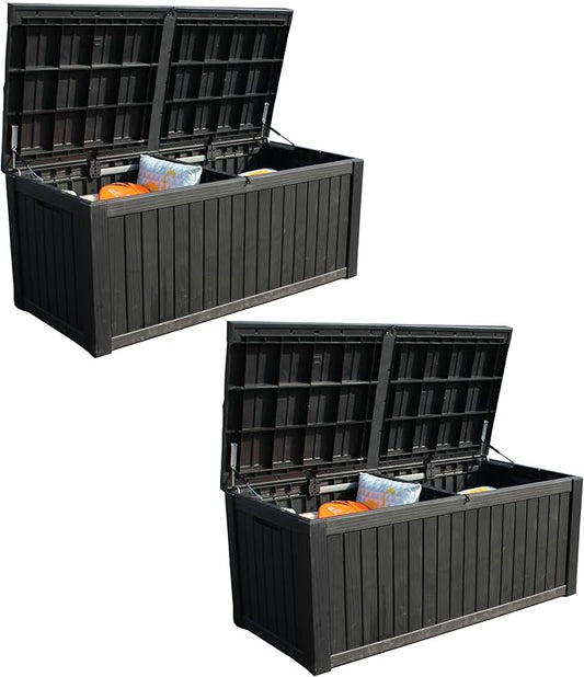 BTEXPERT 150 Gallon Outdoor Storage Container Deck Box with Metal Support Rods for Patio Furniture Garden Tools Waterproof Lockable UV Resistant Resin Set of 2