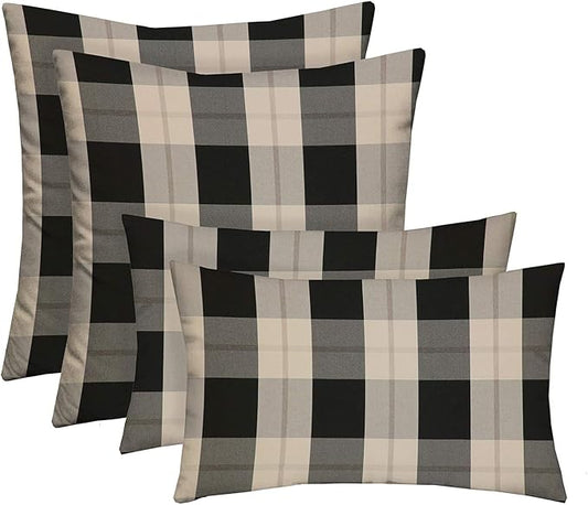 RSH DECOR: Lumbar & Square Throw Pillows Set of 4 | 20" x 12" & 17" x 17" | All-Weather Spun Fabric | Water and Fade-Resistant | Outdoor Accent Pillows for Patio Furniture | Branson Pewter Plaid