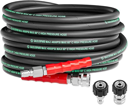 3/8" Pressure Washer Hose 25FT 4800PSI, with M22 14 mm to 3/8 Inch Quick Connect, Kink Resistant Industry Grade Steel Wire Braided Synthetic Rubber Jacket with 2 M22 14mm Adapter Set