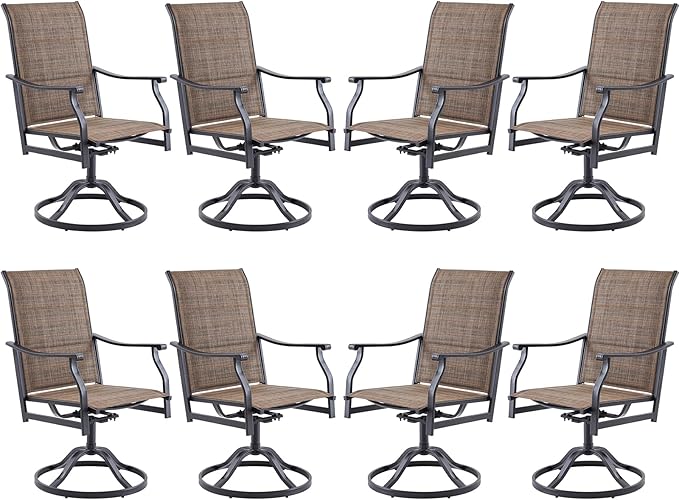 Swivel Patio Chairs Set of 8, Outdoor Patio Dining Chairs with Padded Textilene, Swivel & Rocker Metal Outdoor Dining Chairs All-Weather for Backyard, Brown Fabric with Black Frame