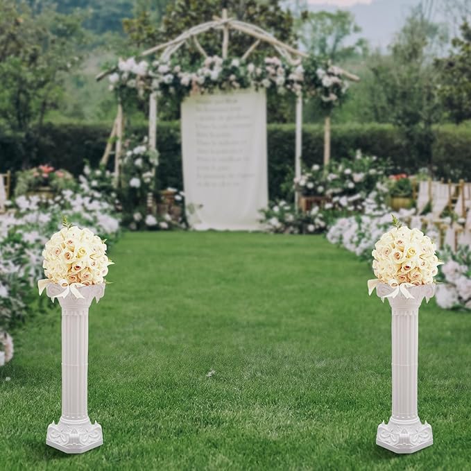 Roman Column Pedestal, Plastic White Columns for Weddings Indoor/Outdoor Roman Pillar Stand for Table Sculptures, Vase, Garden Decor (2PCS, 10.6 x 34.6 Inch Round)