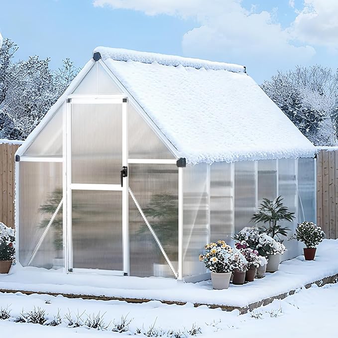 Garvee 6x11 FT Outdoor Greenhouse with Windproof Aluminum Frame, Polycarbonate Greenhouse, Lockable Door and Ajustable Roof Vent, Aluminum Walk-in Greenhouses, for Backyard, Lawn