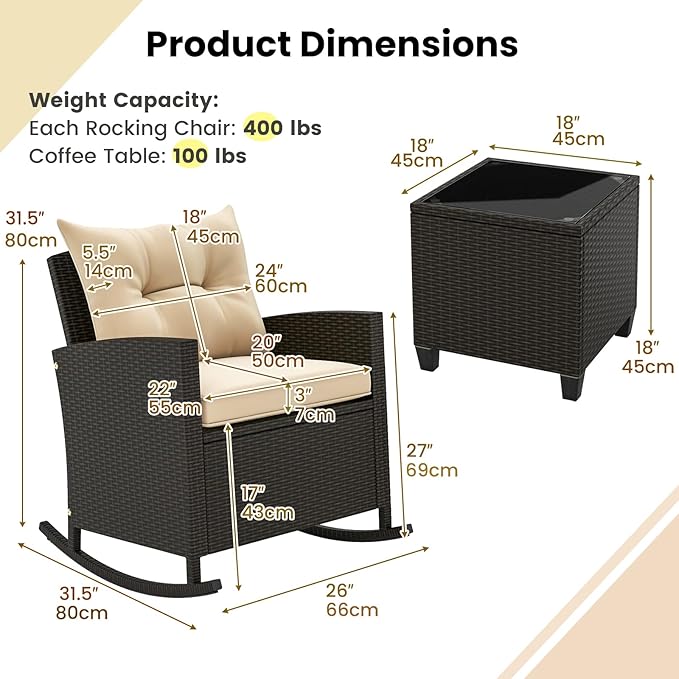 ORALNER 3 Pieces Patio Furniture Set, Outdoor Wicker Rocking Chairs with Soft Cushions, Glass Coffee Table, Rattan Conversation Bistro Set for Front Porch Balcony Garden Deck Poolside (Beige)