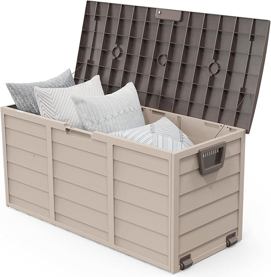 VINGLI 75 Gallon Outdoor Storage Box, Lockable Plastic Storage Containers with Lid, Patio Deck Box Furniture for Garden, Pool, Balcony, Yard (Coffee)