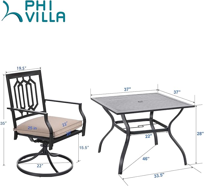 PHI VILLA 5-Piece Outdoor Dining Set, 4 Steel Metal Swivel Patio Chairs & 1 Square Dining Table, Paperclip Pattern Back, Classic Black