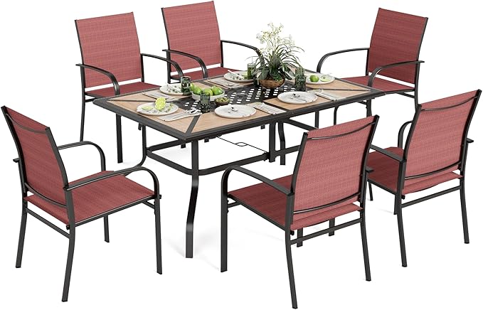 Outdoor Patio Dining Set 7 Piece Furniture Set with 6 Red Chairs and Wood-Like Table Top Rectangular Table for Deck Garden Backyard Lawn Poolside