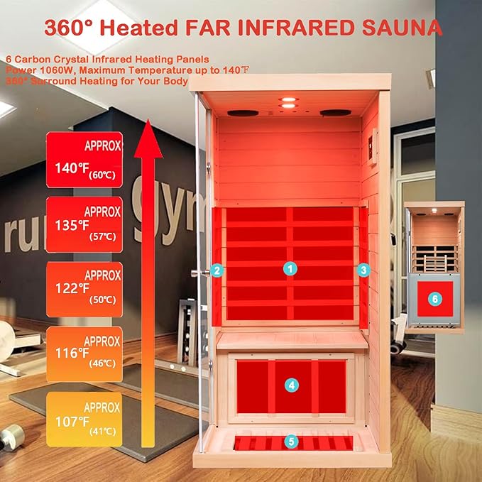 Hemlock Deluxe Mini Indoor Sauna 1 Person, Far Infrared Sauna at Home, Wooden Dry Sauna 1060w with 6 Far Infrared Heating Plate, Bluetooth Speaker, Red Light, Reading Light(Left Door)