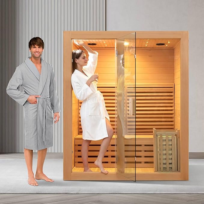 ZONEMEL Wooden Steam Sauna Room, 2 Person Canadian Hemlock Luxurious Indoor Sauna with 3.5 KW Harvia Stove Heater, Bluetooth Speaker, Sauna Stone, Wooden Bucket, Scoop, Reading Light, Hourglass,220V