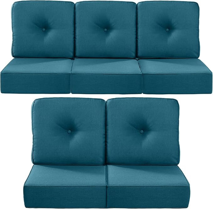 Luxury 22x24/22x25 6-Inch Outdoor Cushions for 5 Peice Patio Furniture Set - Set of 5 Water Repellent Pillow for Wicker Rocking Swivel Chairs Loveseat Couch Sectional Sofa - Peacock Blue
