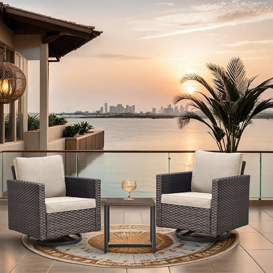 Outdoor Swivel Rocker Patio Chairs Set of 3 - Two Patio Swivel Rocker Chairs with Wide Wicker Armrests, Brown / Beige