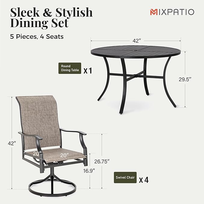 5 Pieces Patio Dining Set, Outdoor Table and Chairs, 4 x Textilene Swivel Dining Chairs and 42" Round Black Table, with 1.57" Umbrella Hole, for Cozy Garden Settings, Grey-Brown