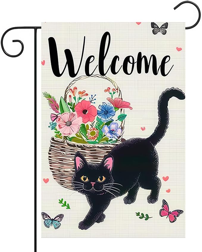 Welcome Cat Garden Flag 12x18 Inch Cute Black Cat Colorful Floral Butterfly Basket Double-Sided Yard Decoration for Outdoor Garden Patio Yard Spring Summer Décor