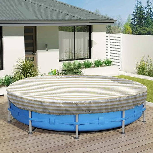 ECOOPTS 10 ft Round Pool Cover for Above Ground Pools, Swimming Pool Cover Protector Winter Safety Cover (Beige White Stripes)