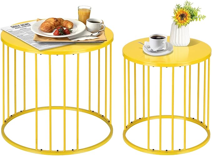 SUNNYPARK Outdoor Side Table Set of 2, Metal Circle Accent End Tables for Balcony Backyard Garden Indoor Living Room, Durable Black Nesting Coffee Tables, 20”+16” Dia