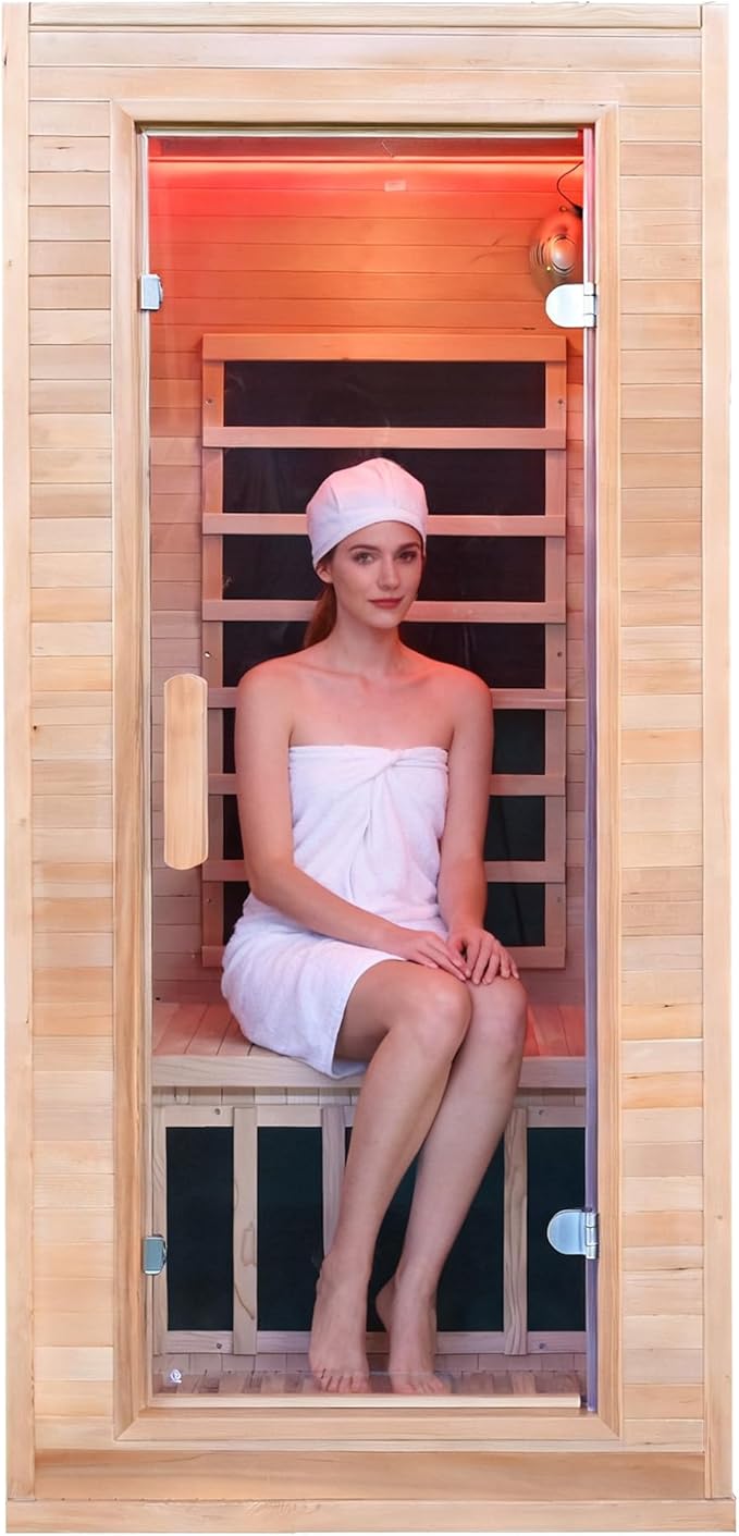 Far Infrared Sauna Home 1 Person, Sauna Spa Room Canadian Hemlock Wood 1340W 120V Low EMF with 7-Color Light Therapy, Control Panel, Bluetooth Speakers, Dual Tempered Glass Door