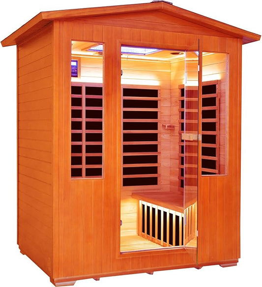 Outdoor Sauna 4 Person Infrared Saunas Outdoor Dry Sauna Room Wood Wooden Sauna Canadian Fir Red Cedar Low EMF 2600W/240V with Oxygen Bar, 7 Color Light, Control Panel, Speaker - 62.2" x 46.9" x 81.9"