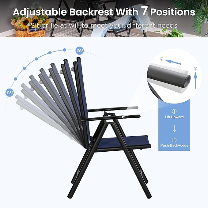 PHI VILLA 7 Piece Outdoor Patio Dining Set, Adjustable Folding Patio Chairs Reclining (Blue) with Extendable Metal Steel Dining Table for Outdoor, Garden, Lawn