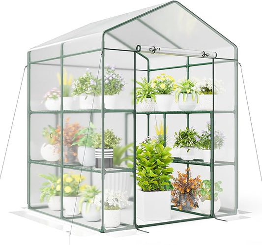 Happygrill Walk-in Greenhouse, Winter Hot House w/4 Tiers, 8 Shelves, Roll-up Zippered Door, Waterproof PVC Film, Portable Greenhouses for Outdoors for Potted Plants, Fruits, Vegetables, Flowers