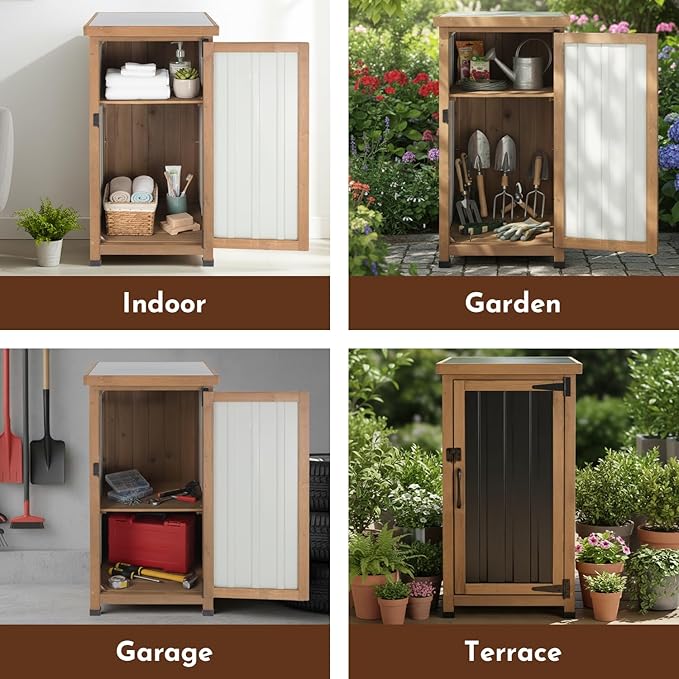 Outdoor Storage Cabinet with Metal Worktop, Fir Wood Frame & Adjustable Shelf, Weather-Resistant Garden Tool Organizer for Patio, Porch, Balcony, or Garage (18" L x 18" W x 33.5" H)