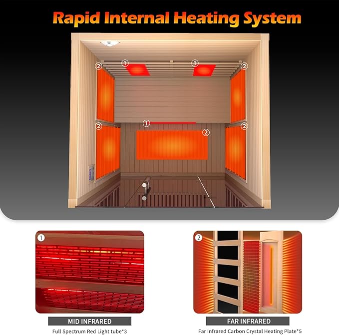 Far Infrared Wooden Sauna 2 Person, Canadian Hemlock Sauna, 120V, 1750 W, 8 Heating Element, 7 Color Light, Oxygen Bar(100-149 ℉) Fast Delivery