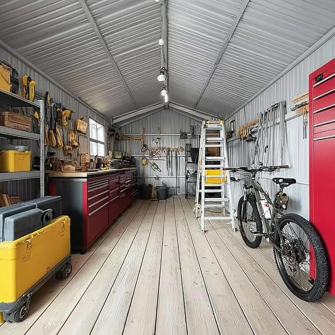13ft x 11ft Dual Purpose Outdoor Shed: All-in-One Metal Tool Storage & Firewood Rack | Winter-Ready Design | Grey Galvanized Steel