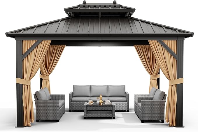 Outdoor Hardtop Gazebos 10 x 12 ft Permanent with High Strength Aluminum Frame, Double-Roof, Pavilion with Curtain and Netting for Patio, Lawn, Deck, Garden (Darkbrown, 10x12 ft)