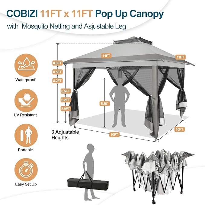 COBIZI 10x10 Pop Up Gazebos on Clearance 11x11 Canopy Tent Easy Up Outdoor Gazebo Waterproof Portable Gazebo with Mosquito Nettings, Double Vented Roof and Carry Bag for Patio Garden Lawn(Gray)